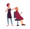 Female hairdresser styling hair of her smiling male client sitting in chair and holding smartphone. Happy man in