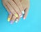 Female hand beautiful colored tender fashionable manicure feminine multicolored