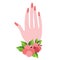 Female hand with a bracelet of flowers, manicure. Colored illustration for registration of women in blogs, websites and articles