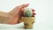 Female hand with french manicure stroking a green cactus on white background