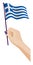 Female hand gently holds small Greece flag. Holiday design element. Cartoon vector on white background