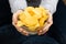 Female hand giving crispy potato chips bowl