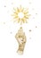 Female hand and golden sun with stars, vintage boho design for palmistry and astrology. Vector line illustration, oriental art,