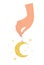 Female hand holding a crescent moon amulet, flat design in boho style. Magic symbol for witchcraft, astrology, palmistry