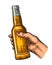 Female hand holding open bottle beer. Color vintage engraving vector illustration