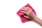Female hand holding pink duster microfiber cloth for cleaning isolated on white