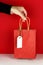 Female hand holding red shopping paper bag on red background. Black friday monochromatic concept. Mock up