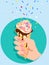 Female hand holds an ice cream cone. Flat style. Cartoon raster