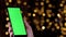 Female hand holds mobile phone with chromakey vertical green screen mockup pov