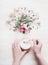 Female hand making herbal cream with organic herbs and flowers bunch on white wooden background, top view. Organic herbal and bota