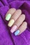 Female hand manicure color fur multicolor