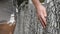 Female hand moving along the surface of grid. Arm of young woman touching metal wire fence. Girl walking during summer