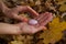 Female hand with orange manicure holding pink quartz yoni egg for vumfit, imbuilding or meditation on yellow fallen