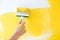 Female hand paints a white wall with a brush and yellow dye