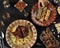 Female Hand Pick Turkish Baklava on Plate, Table Setting for Ramazan Greeting with Dates Fruit, Arabian Rice, ROasted CHicken,