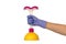 Female hand in a purple rubber glove holds a yellow plunger with