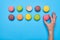 Female hand putting a colourful macaroon on the blue desktop wit