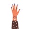 Female hand raised up, wearing finger ring, bracelets on wrist. Women arm with manicure, modern jewellery, accessories