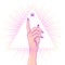Female hand showing pointing finger over triangle with rays. Realistic style vector illustration in pastel goth colors i