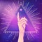 Female hand showing pointing finger over triangle with rays. Realistic style vector illustration in pastel goth colors i