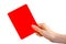 Female hand showing red card in front of white background