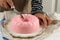 Female Hand Slicing Pink Pearl Pudding in the Kitchen