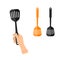 Female hand with slotted spatula. Flat vector kitchen utensils