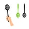 Female hand with slotted spoon. Flat vector kitchen utensils