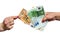 Female hand taking euro banknote