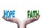 Female hands balancing hope and faith 3D words conceptual image