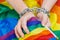 Female hands chained against the background of the LGBT flag. The concept of  the fight for tolerance and equal treatment of