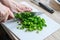 Female hands chopping green onions