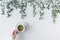 Female hands with a cup of coffee in branches with green leaves on a white table. Cofee art. Flat lay, top view.