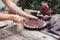 Female hands are cutting berry pie on wooden table in rustic style . Homemade cheesecake on the outdoor