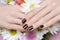 Female hands with dark nail design holding bouquet of flowers