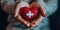female hands delicately hold a red felt heart with a white cross on it, Red Cross day, banner