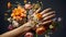 Female hands in flowers, skin care concept