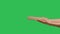 Female hands giving cardboard box with pizza on background of green screen chroma key. Close up of box with snack for