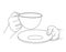 Female hands gracefully hold cup of tea or coffee and saucer. Sketch, linear drawing. Morning cup of coffee. Elegant tea pair