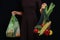 Female hands hold two different bags full of raw vegetables, one of them is reusable eco friendly bag and another is ussual