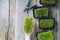 Female hands holding a fresh microgreen sprouts behind microgreens in the trays.