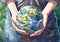 Female hands holding our beautiful planet earth globe.Watercolor illustration.Macro.AI Generative