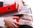 Female hands holding stack folders documents. Overworked business woman.