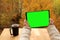 Female hands holding tablet PC with pre-keyed green screen, black mug with tea on the terrace over autumn yellow and orange trees