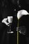 Female hands holding white lilies calla and Graceful glass with white creamy or coconut liqueur. Gentle alcohol Dark background