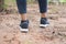 Female hands lacing running shoes. Closeup