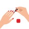 Female hands with nail polish. Coat your fingernails with red varnish. Vector illustration on white background