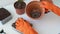 Female hands in orange rubber gloves pour drainage stones into a pot for transplanting ficus lyrata in flowerpot. Potted