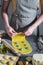 Female hands, process of preparation homemade italian pasta, ravioli