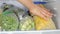 Female Hands pulls frozen corn out of the fridge. Frozen fruits, vegetables, meat in the freezer.